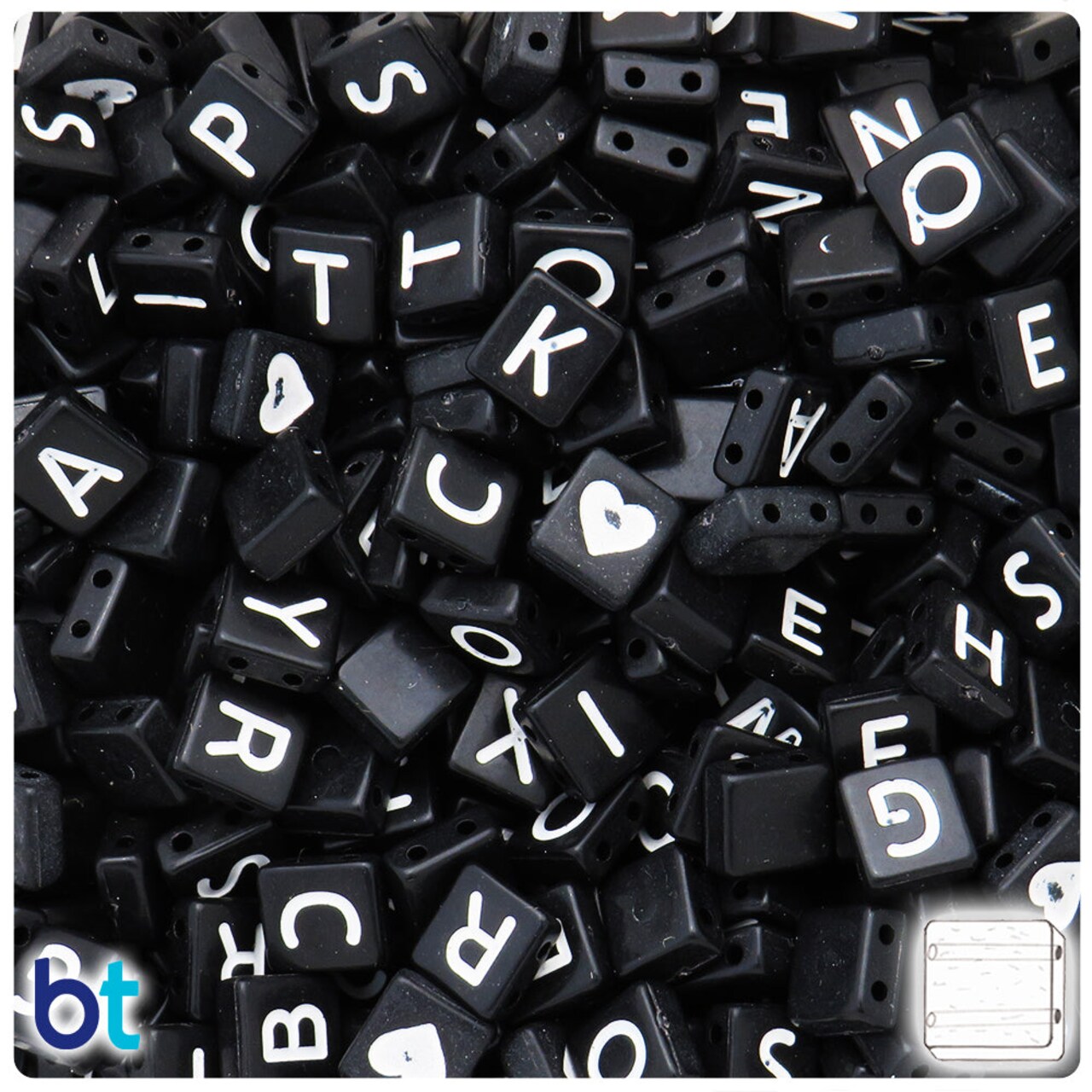 BeadTin Black Opaque 8mm Square Plastic Alpha Beads - White Letter Mix (150pcs)